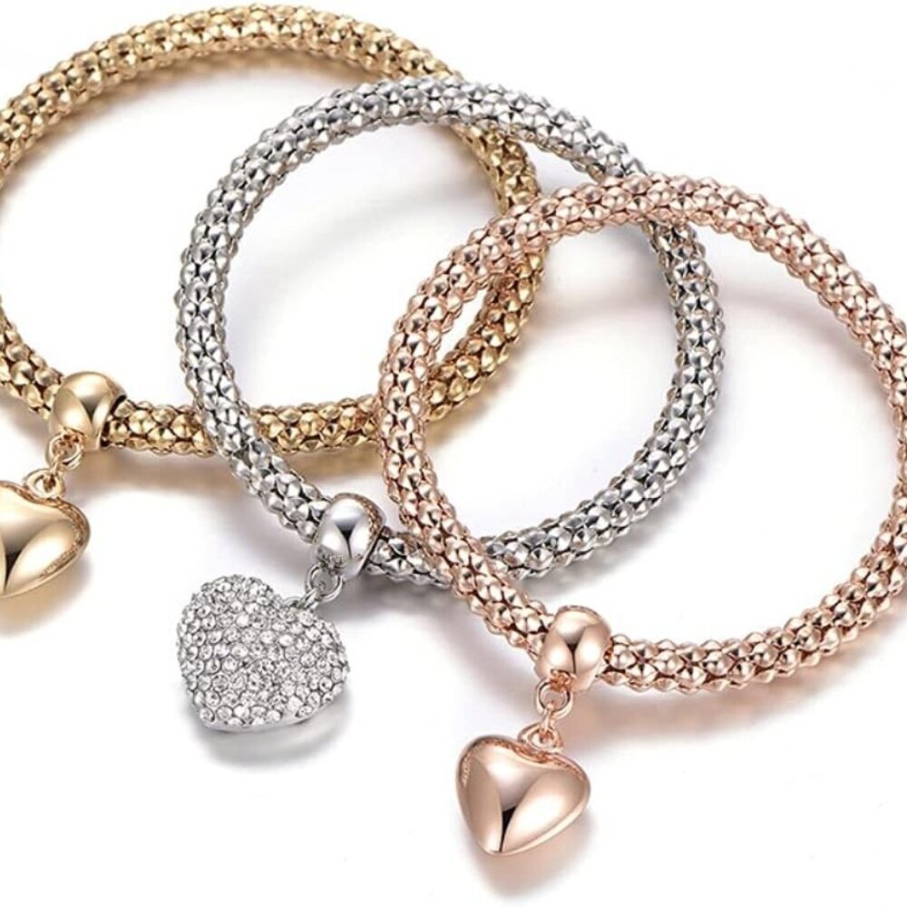 Crystal Charms Multilayer Bracelets - 3PCS Gold/Silver/Rose Gold Corn Chain Brac - Picture 6 of 6